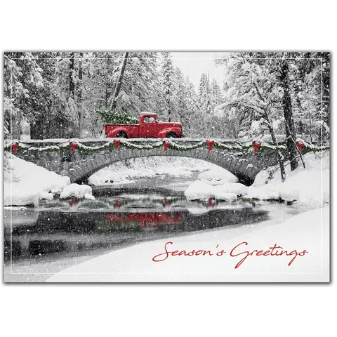 Customized Business Holiday Cards with Red Vintage Truck on Bridge