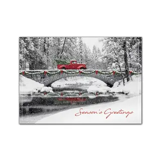 Customized Business Holiday Cards with Red Vintage Truck on Bridge