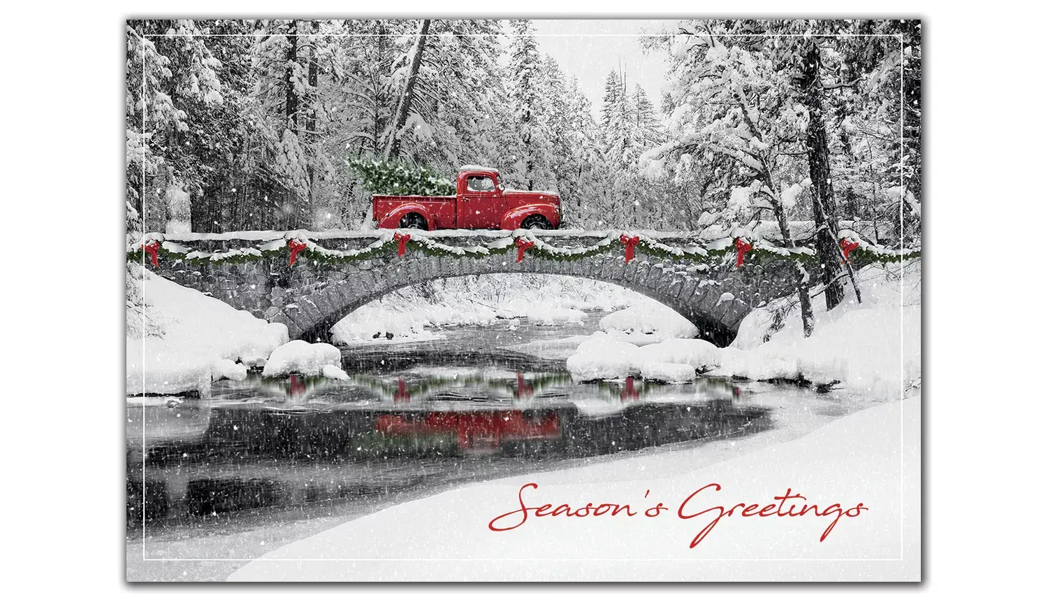 Customized Business Holiday Cards with Red Vintage Truck on Bridge