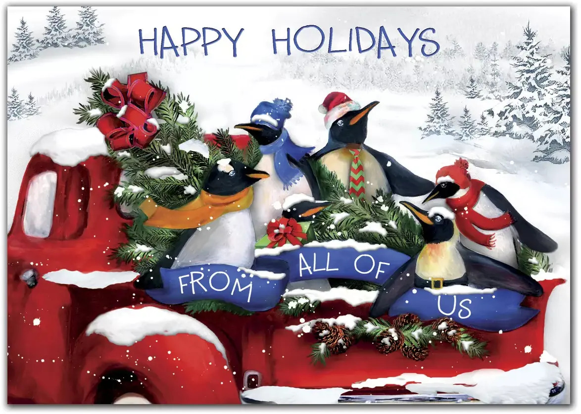 Custom Business Holiday Cards with Penguins on Red Vintage Truck