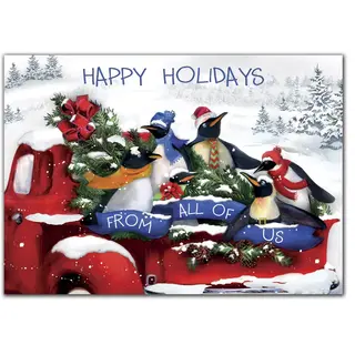 Custom Business Holiday Cards with Penguins on Red Vintage Truck
