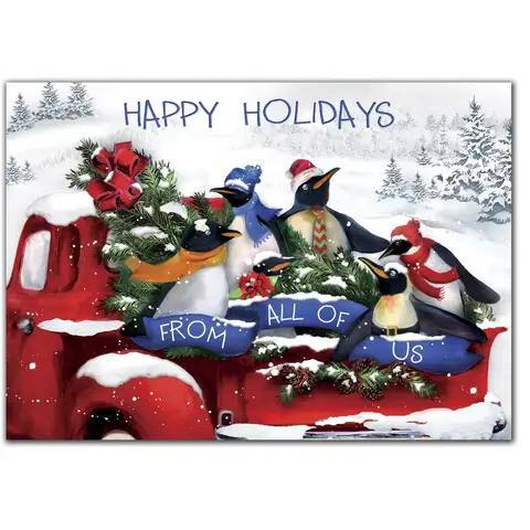 Custom Business Holiday Cards with Penguins on Red Vintage Truck