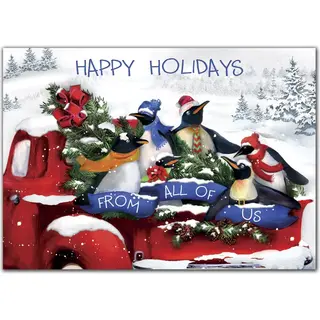 Custom Business Holiday Cards with Penguins on Red Vintage Truck