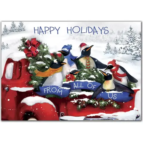 Custom Business Holiday Cards with Penguins on Red Vintage Truck