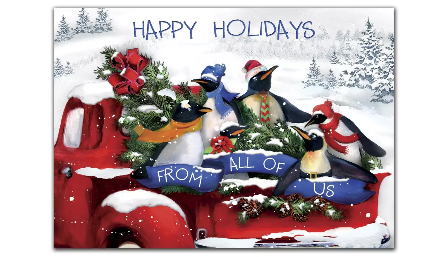 Custom Business Holiday Cards with Penguins on Red Vintage Truck
