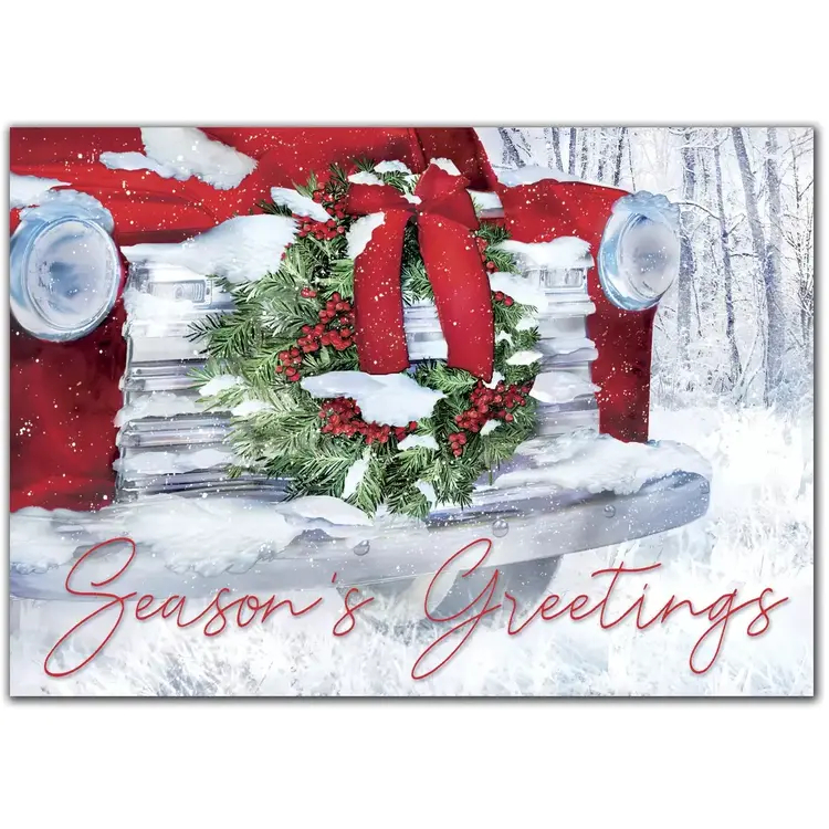 Custom Business Holiday Cards with a Wreath on the Hood of a Red Car