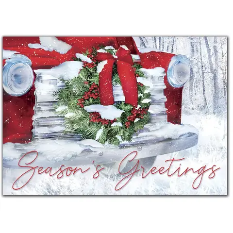 Custom Business Holiday Cards with a Wreath on the Hood of a Red Car