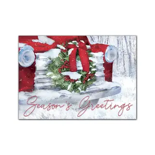 Custom Business Holiday Cards with a Wreath on the Hood of a Red Car