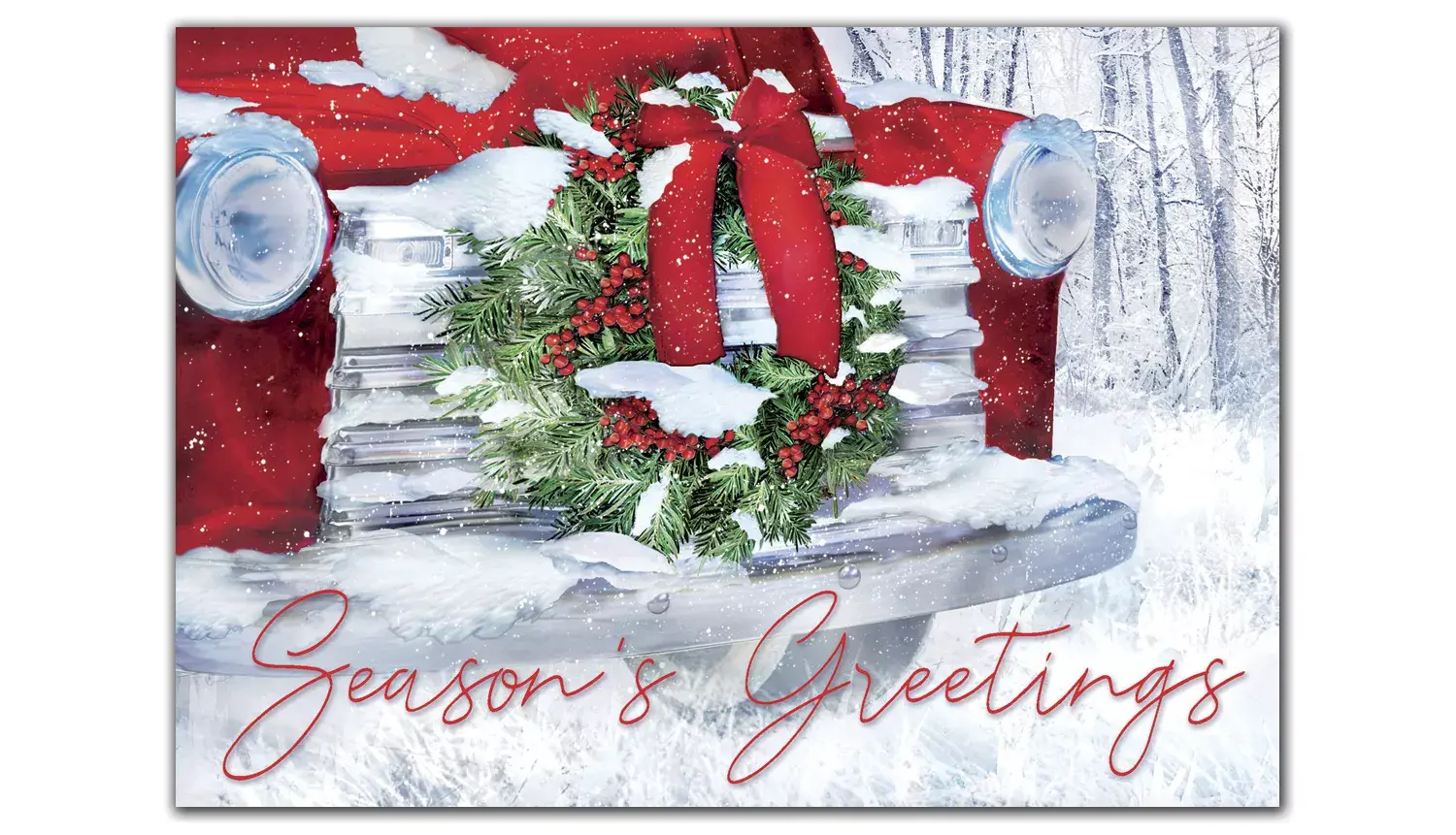 Custom Business Holiday Cards with a Wreath on the Hood of a Red Car