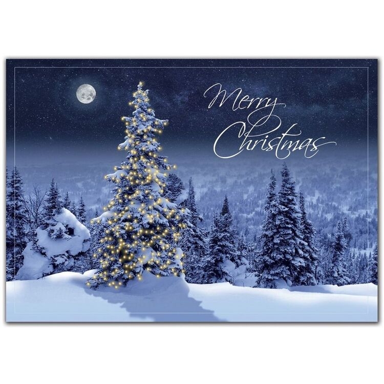 Custom Printed Christmas Cards with Lit Tree and Moon