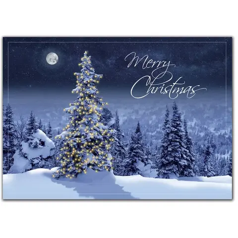 Custom Printed Christmas Cards with Lit Tree and Moon