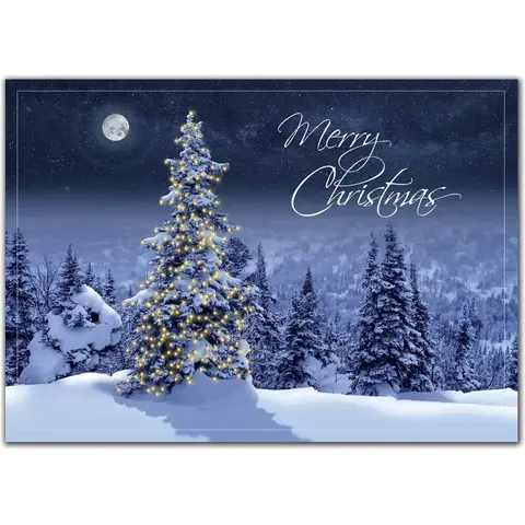 Custom Printed Christmas Cards with Lit Tree and Moon