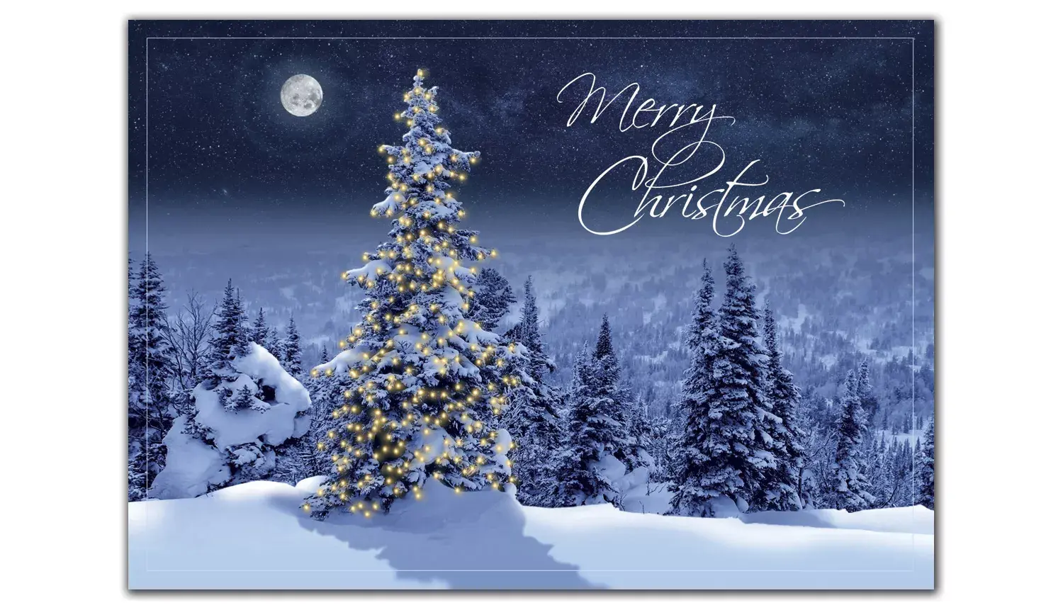 Custom Printed Christmas Cards with Lit Tree and Moon