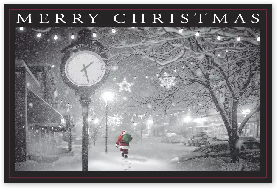 Custom Christmas Postcards with Santa Walking in a Snowy Street