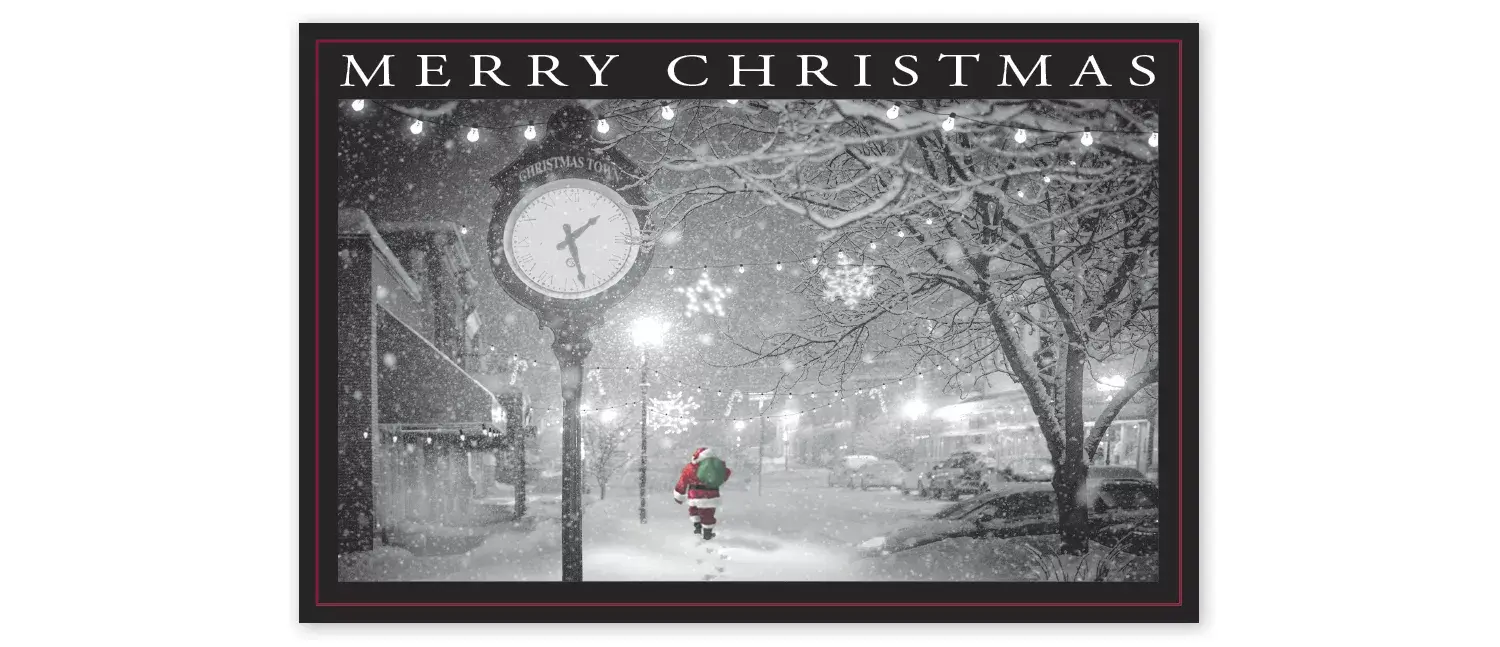 Custom Christmas Postcards with Santa Walking in a Snowy Street