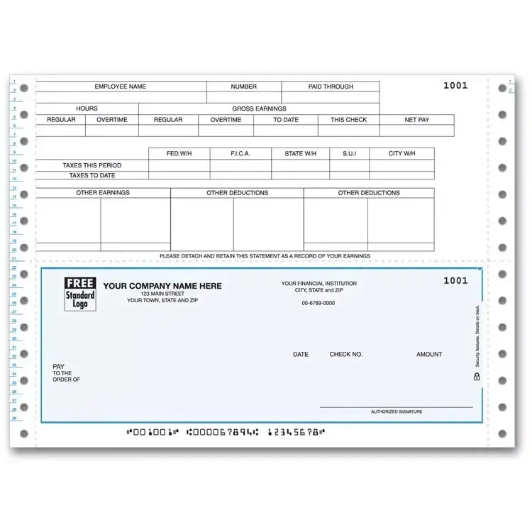 Continuous payroll check with top lined stub including place for city, state, and federal taxes