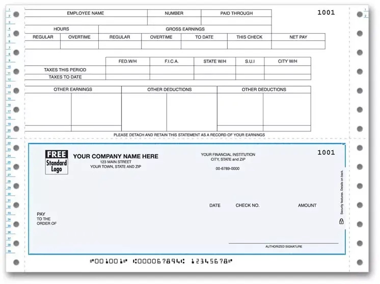 Continuous payroll check with top lined stub including place for city, state, and federal taxes