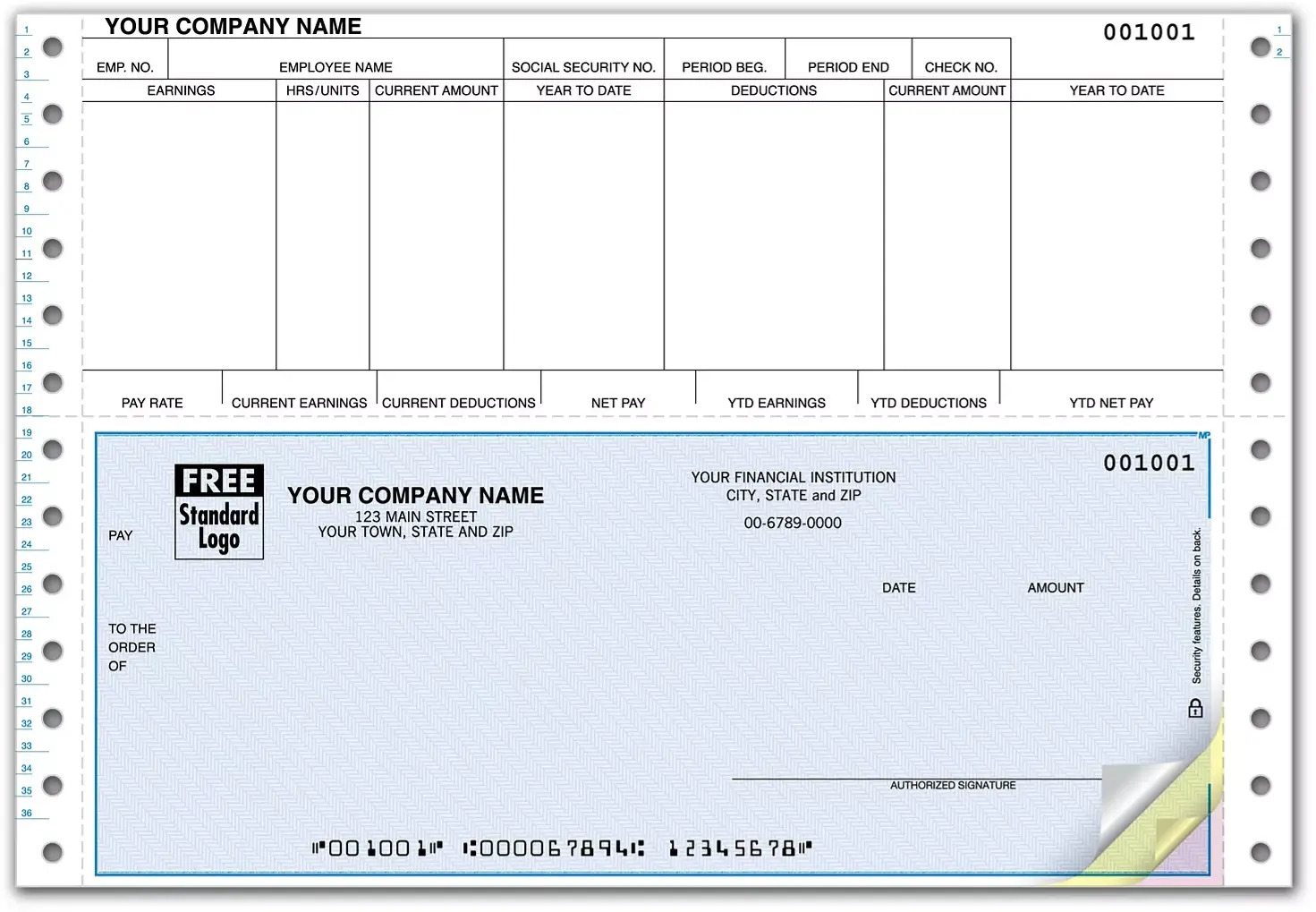Hourly Payroll Check for Dot Matrix Printers