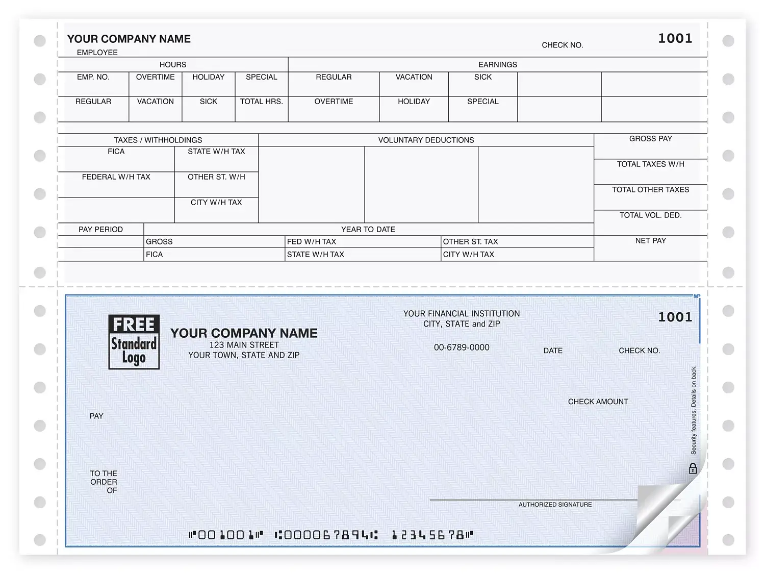 Continuous Feed Payroll Checks with Vacation/Sick/Holiday/Overtime Pay