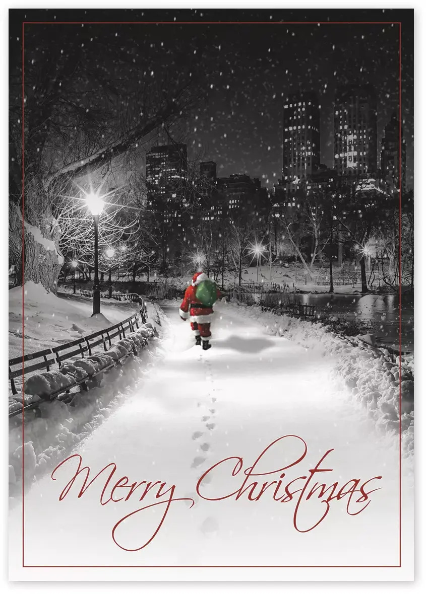Merry Christmas greeting cards with Santa on a snowy trail walking towards city