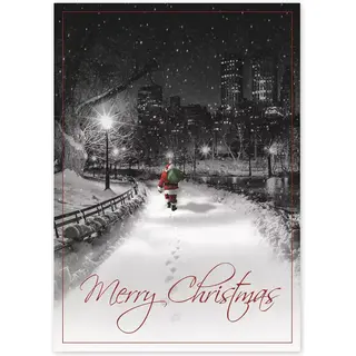 Merry Christmas greeting cards with Santa on a snowy trail walking towards city