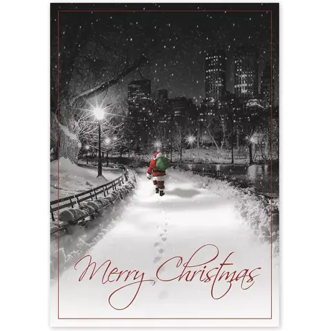 Merry Christmas greeting cards with Santa on a snowy trail walking towards city