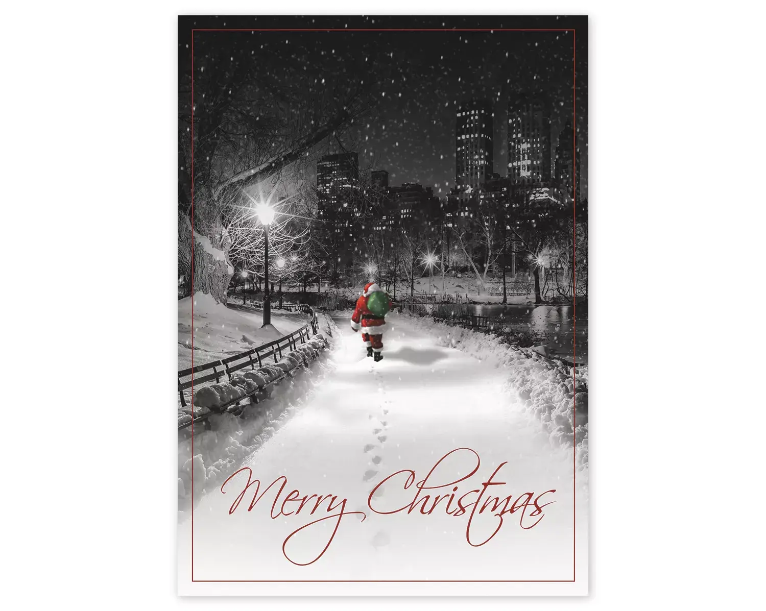 Merry Christmas greeting cards with Santa on a snowy trail walking towards city
