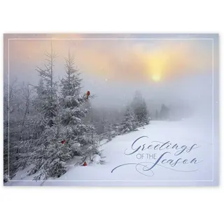 Custom business greeting cards with sunrise above snowy forest