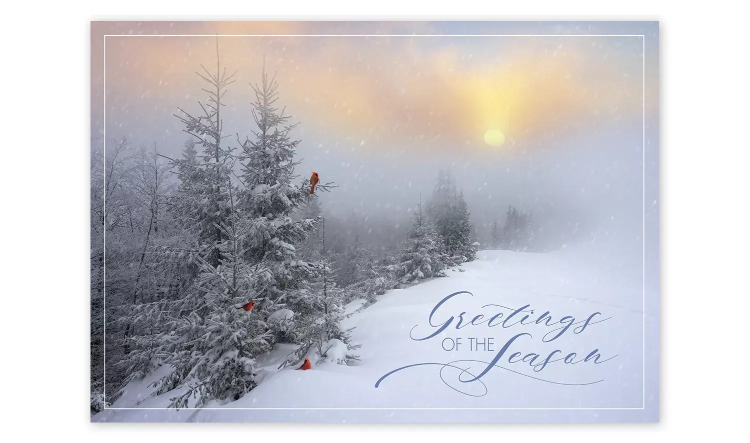 Custom business greeting cards with sunrise above snowy forest