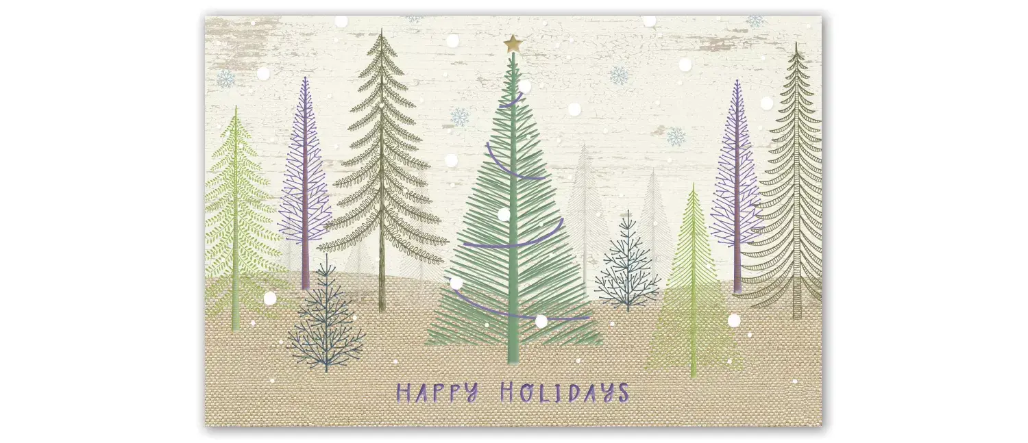 Pastel Color Holiday Postcards with Christmas Tree Forest