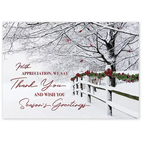 Custom Business Holiday Greeting Cards - Snow-Covered Fence with Thank You