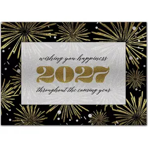 Elegant New Year holiday card featuring gold fireworks, a shimmering design, and a message of happiness and optimism for the coming year