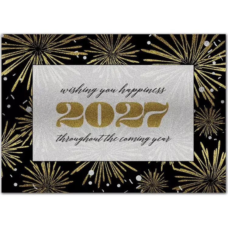 Elegant New Year holiday card featuring gold fireworks, a shimmering design, and a message of happiness and optimism for the coming year