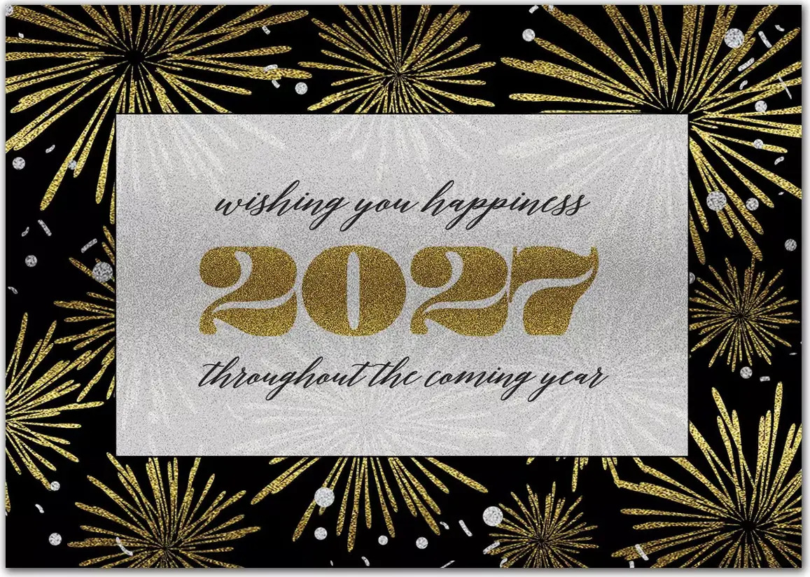Elegant New Year holiday card featuring gold fireworks, a shimmering design, and a message of happiness and optimism for the coming year