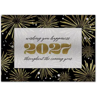Elegant New Year holiday card featuring gold fireworks, a shimmering design, and a message of happiness and optimism for the coming year