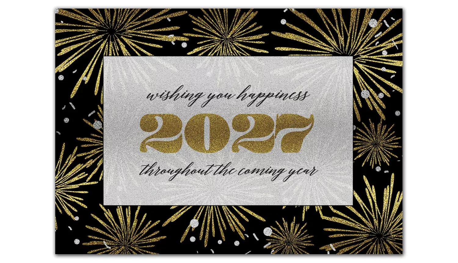 Elegant New Year holiday card featuring gold fireworks, a shimmering design, and a message of happiness and optimism for the coming year
