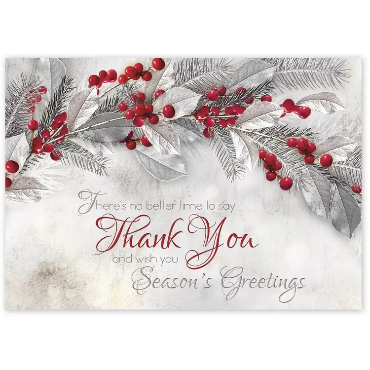 Custom Business Thank You Holiday Cards - Red Berries and Silver Accents