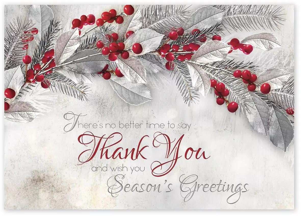 Custom Business Thank You Holiday Cards - Red Berries and Silver Accents