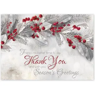 Custom Business Thank You Holiday Cards - Red Berries and Silver Accents