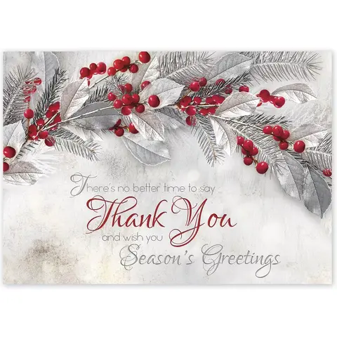 Custom Business Thank You Holiday Cards - Red Berries and Silver Accents