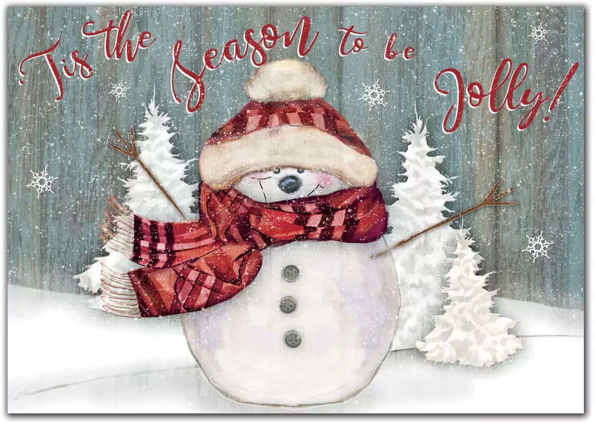 Custom Business Holiday Greeting Cards - Snowman with Red Scarf and Hat