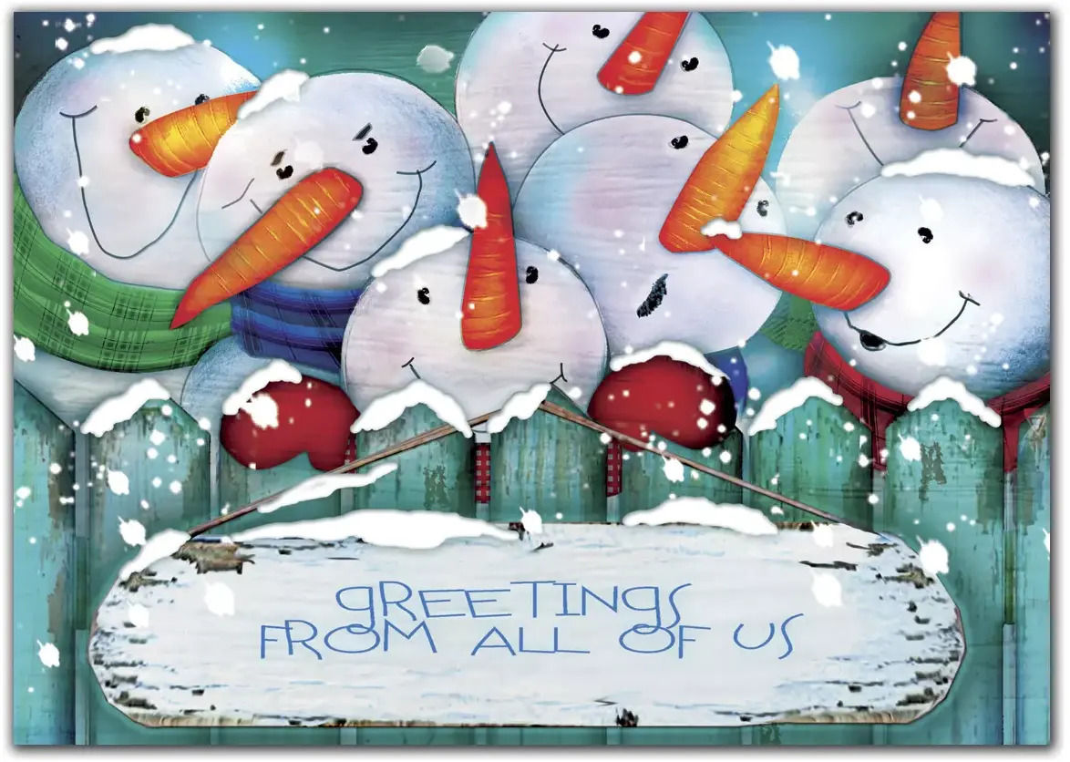Custom Business Holiday Greeting Cards - Seven Snowmen with Carrot Nose