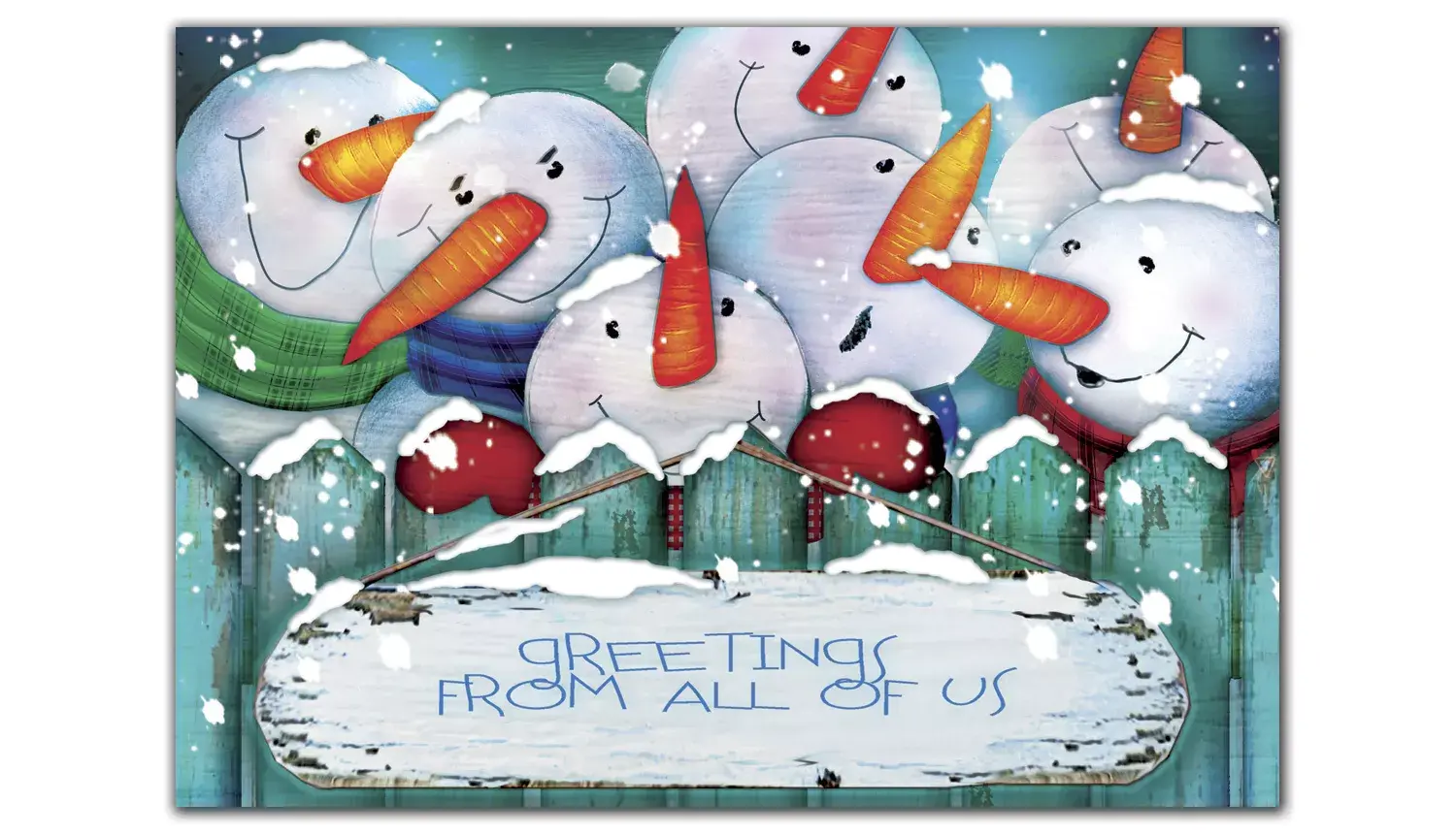 Custom Business Holiday Greeting Cards - Seven Snowmen with Carrot Nose