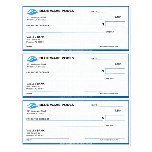 Custom business 3-per-page checks for laser printers