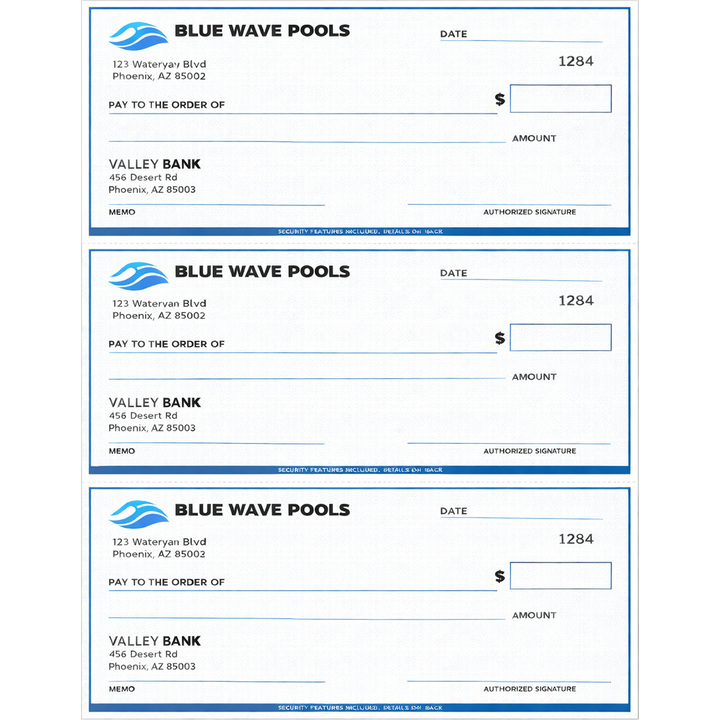 Custom business 3-per-page checks for laser printers
