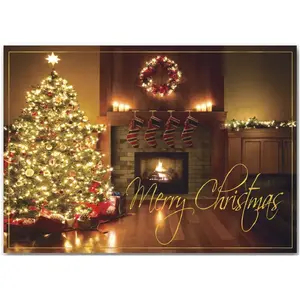 Custom Printed Christmas Cards - Christmas Tree by Fireplace