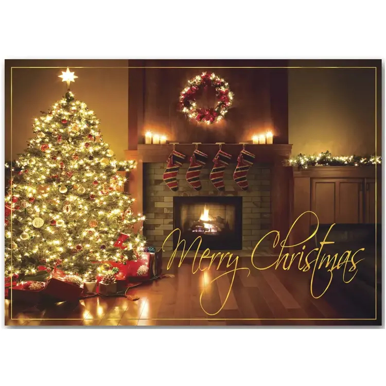 Custom Printed Christmas Cards - Christmas Tree by Fireplace