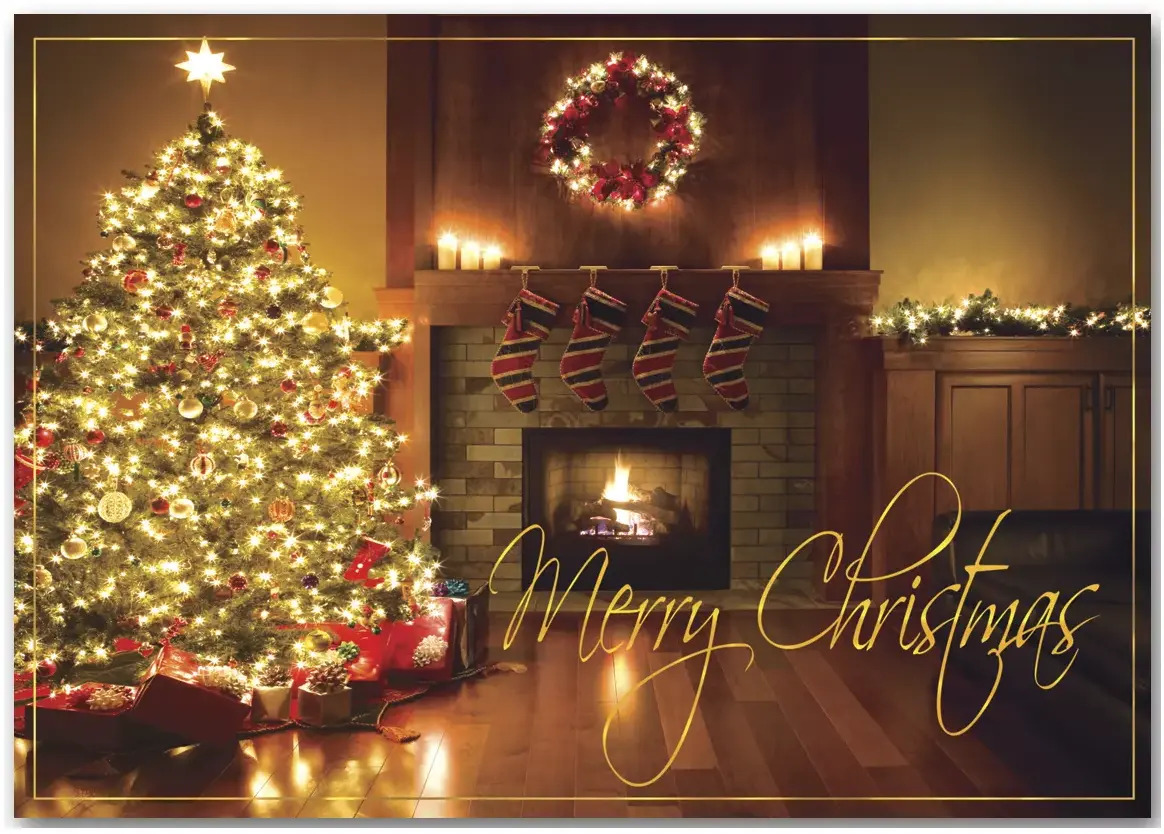 Custom Printed Christmas Cards - Christmas Tree by Fireplace