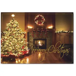 Custom Printed Christmas Cards - Christmas Tree by Fireplace