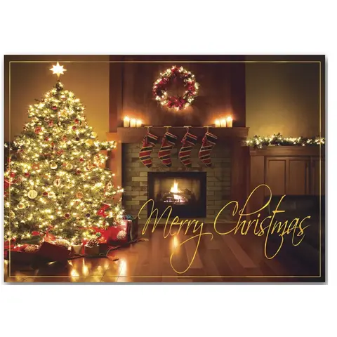 Custom Printed Christmas Cards - Christmas Tree by Fireplace
